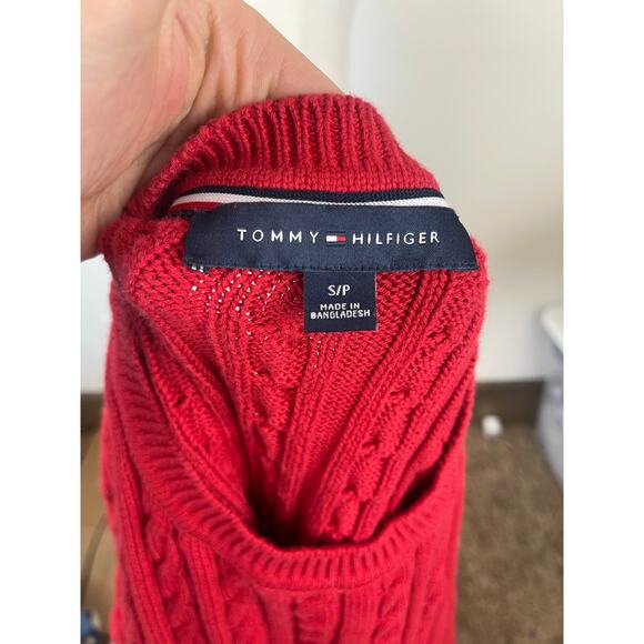 Vintage 100% Cotton Tommy Hilfiger Red Classic Striped Cable Knit Sweater Size S - Picture 6 of 7